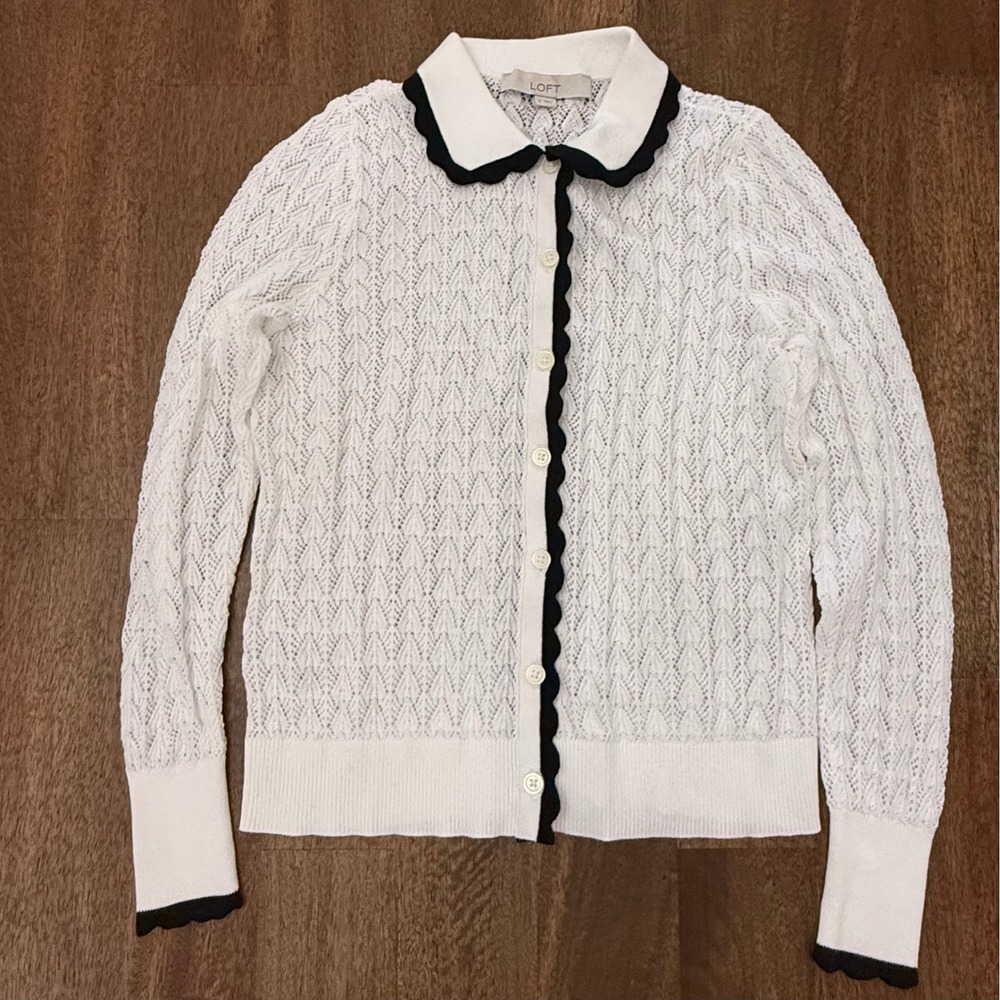 LOFT White Pointelle Knit Cardigan Scalloped Peter Pan Collar Sweater Small